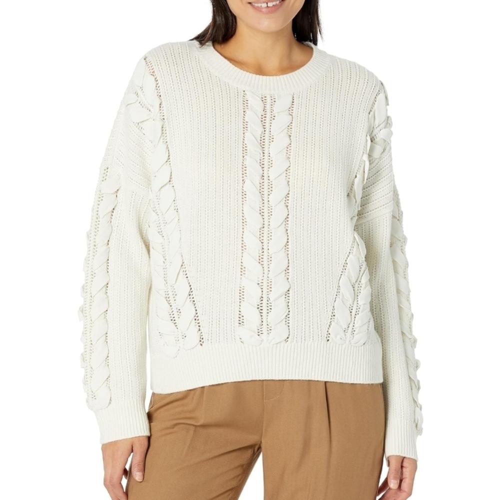 Club Monaco Women's Ivory Crepe Trim Knit Woven Detail V-Neck Sweater Size M